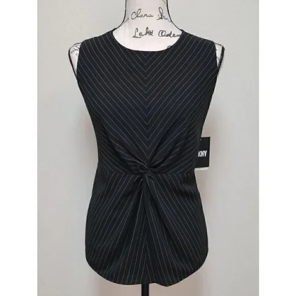 DKNY Pinstripe Sleeveless Twist-Front Business Top SIZE L MSRP $69 NEW WITH TAGS - Picture 6 of 12